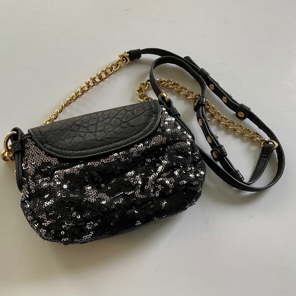 BADGLY MISCHKA Crossbody Evening Bag Black/Silver Sequins Gold Tone Chain - Picture 10 of 10